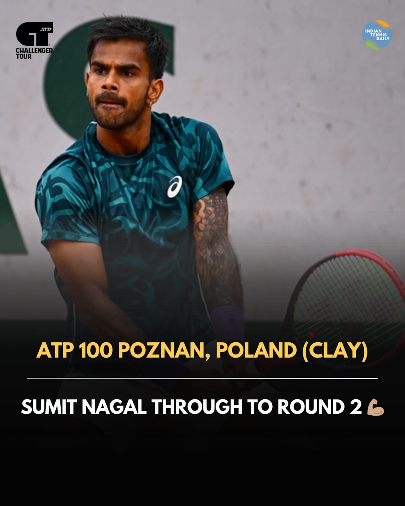 sumit-nagal-poznan-open-2025-round1-win Sumit Nagal of nensel tennis academy during his win over Alan Wazny at ATP 100 Poznan Open 2025