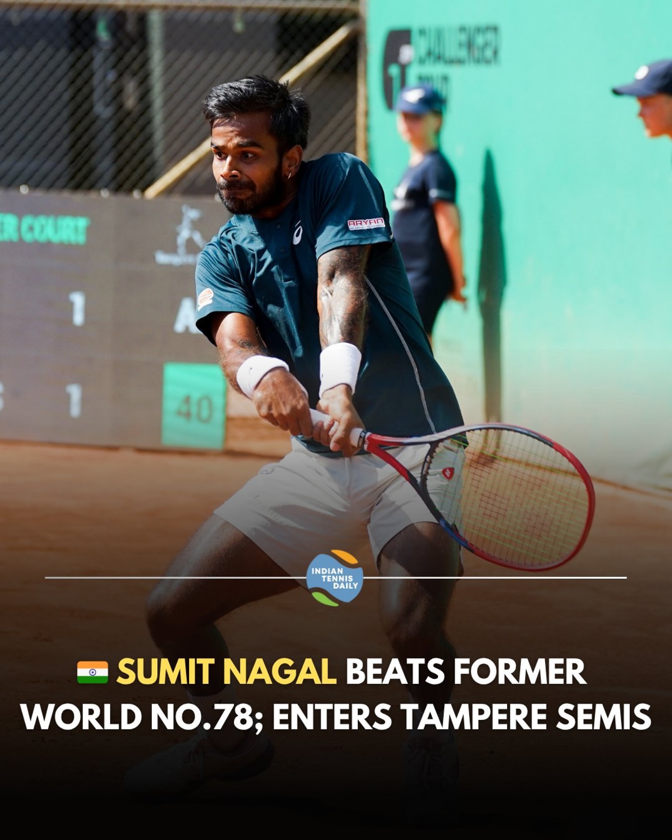 sumit-nagal-tampere-semi-final-2025 Sumit Nagal in action at the ATP 75 Tampere Challenger 2025